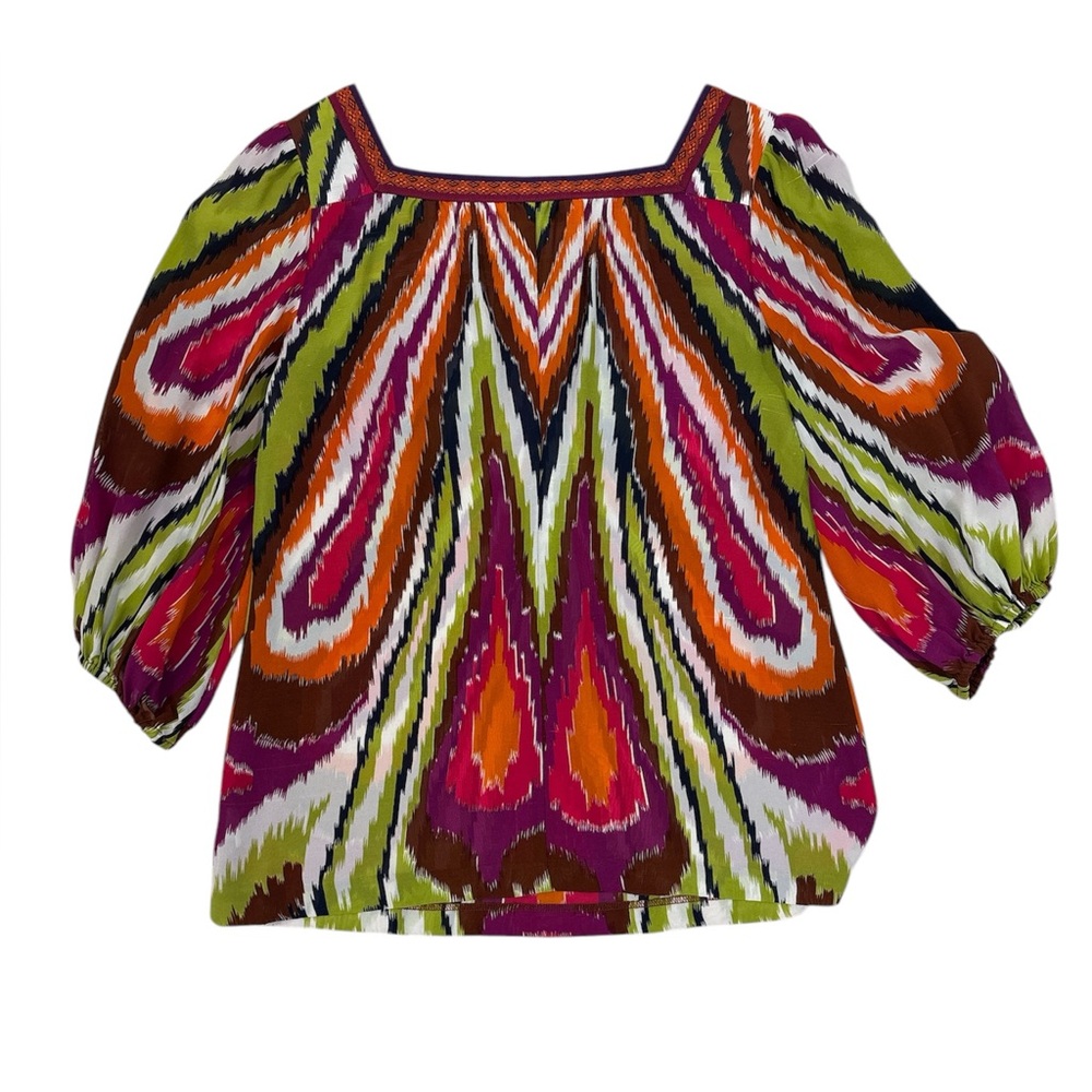 Women Silk Trina Turk butterfly puff sleeves top in multi-color 100% silk Size M - Picture 2 of 9